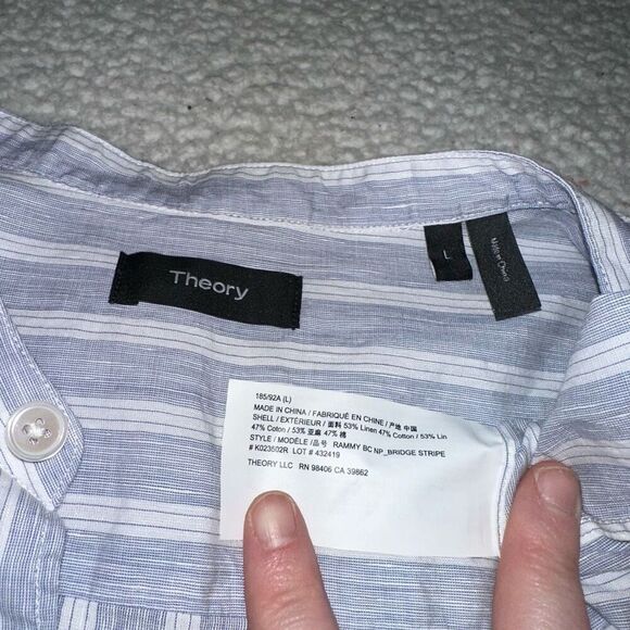 Theory Womens Blue White Linen Blend Button Down Shirt Large EUC - Picture 7 of 12